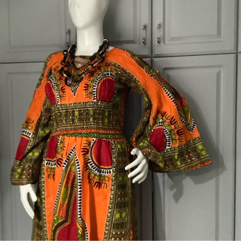 African Design Multi Colored Maxi Dress Only, Bell Shaped Long Sleeve Sz M/L - Picture 5 of 8